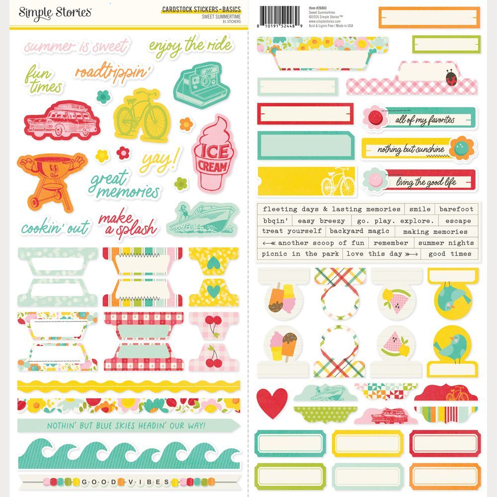 Simple Stories - Sweet Summertime Collection - Stickers - Basics - 12" x 12" - 26803 - 81 pcs