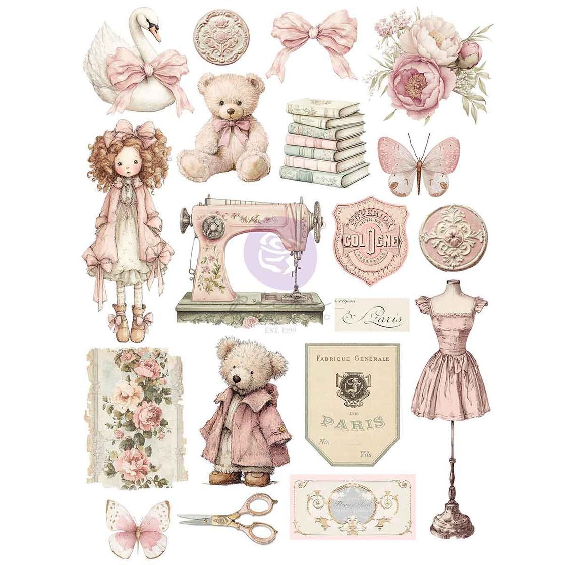 Prima Marketing - Buttons &amp; Keepsakes Collection - A4 Transfer Rub On Sheet - 982454