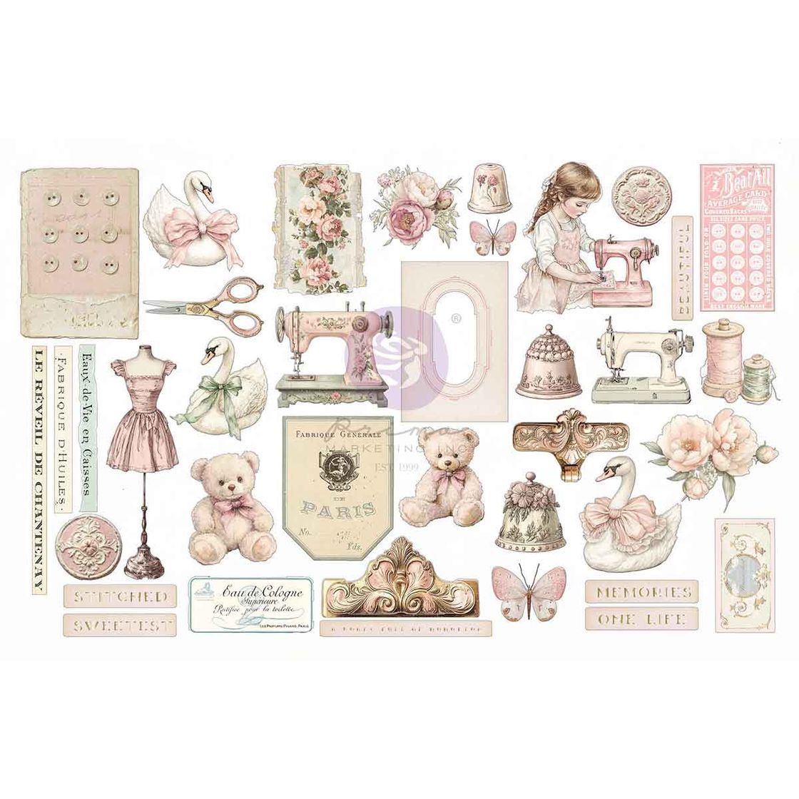 Prima Marketing - Buttons &amp; Keepsakes Collection - Ephemera - Stitched Clippings - 982393 - 76 pcs