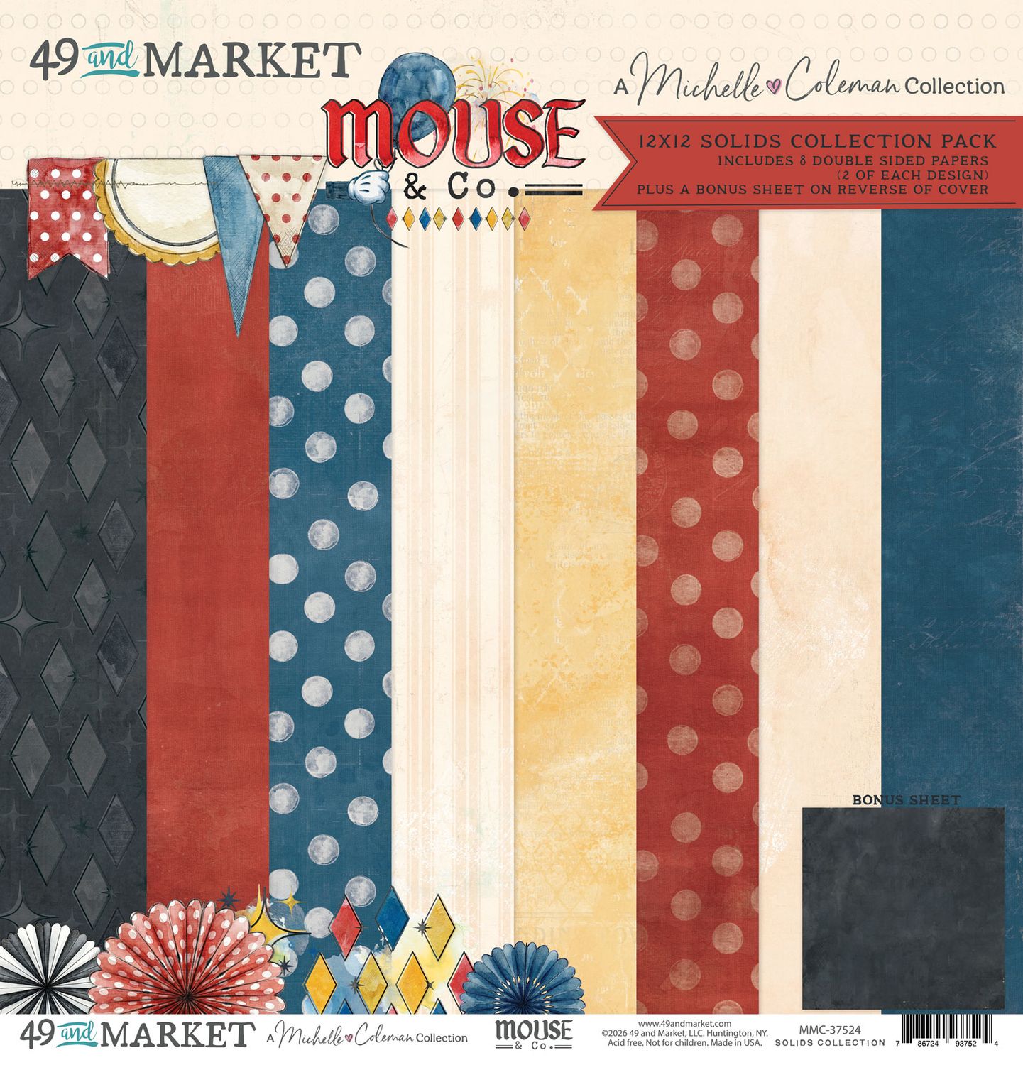 49 &amp; Market - A Michelle Coleman Collection - Mouse &amp; Co - 12" x 12" Paper Pack - Solids - MMC37524 - 8 Sheets