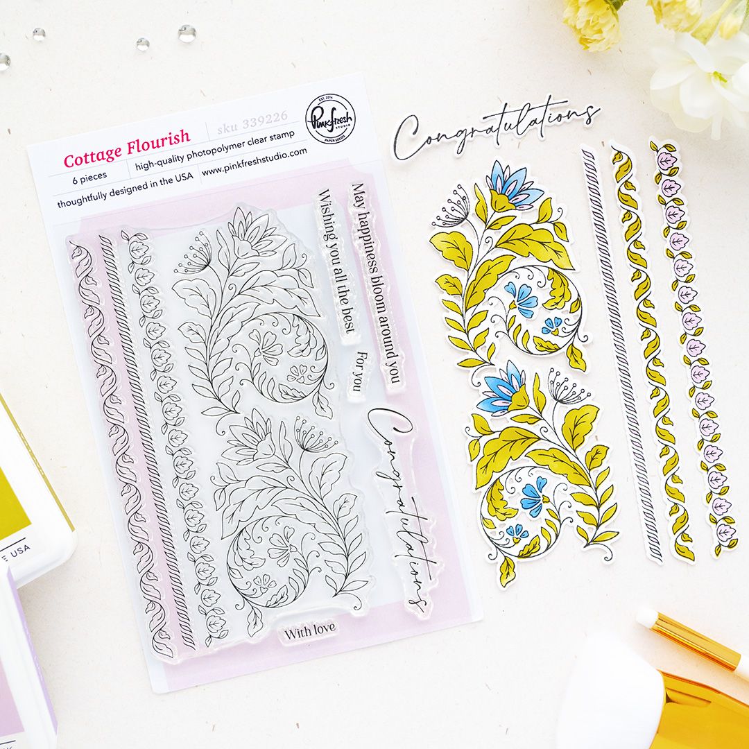 PinkFresh Studios - The Simple Life Collection - Cottage Flourish Bundle - Stamp, Die &amp; Stencil - 339326, 339426 &amp;339626
