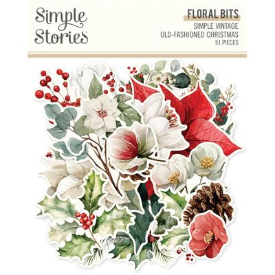 Simple Stories - Simple Vintage Old Fashioned Christmas - Bits & Pieces - Floral Bits - 27628 -51 pcs