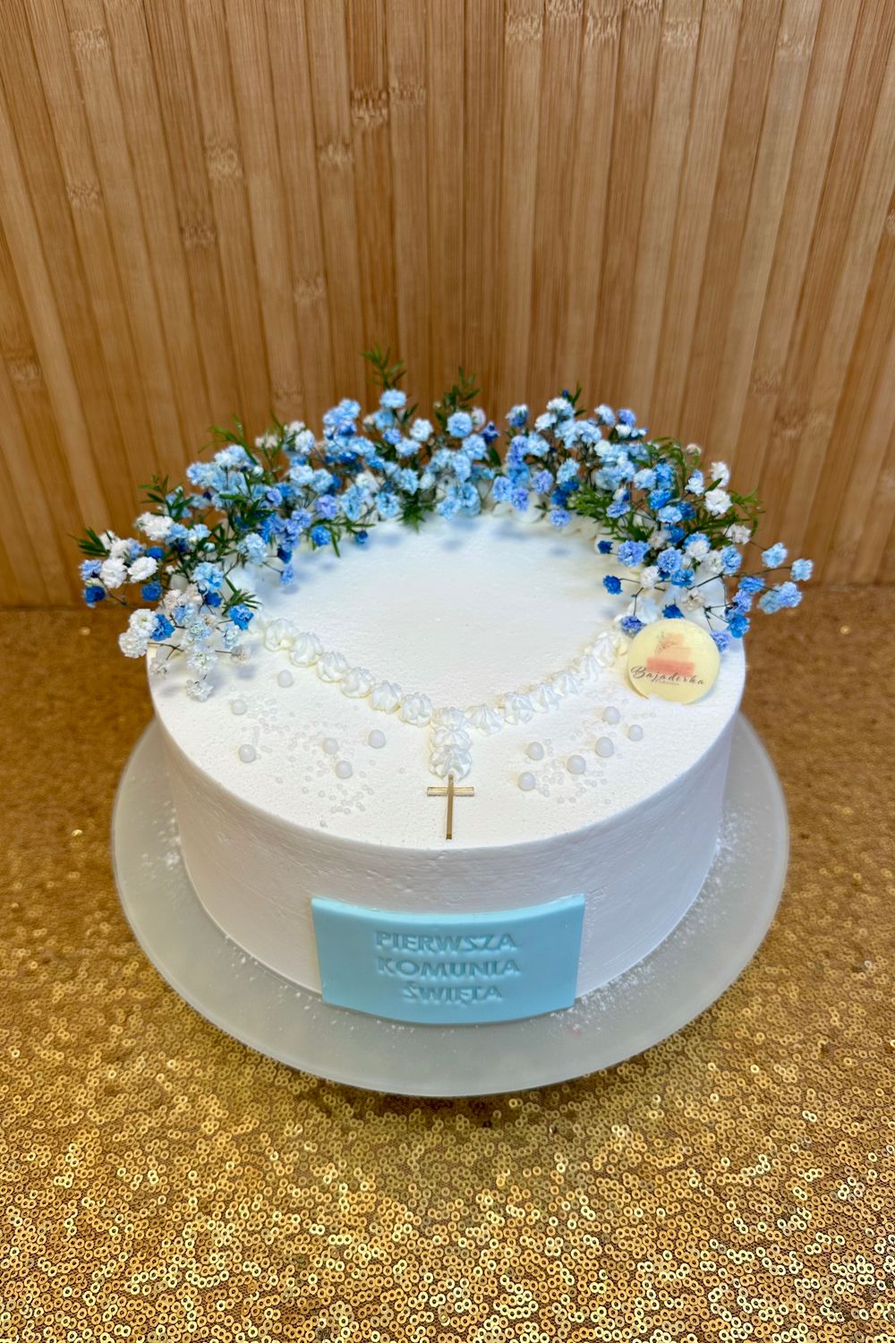TORT KOMUNIJNY OKRĄGŁY RÓŻANIEC + KWIATY