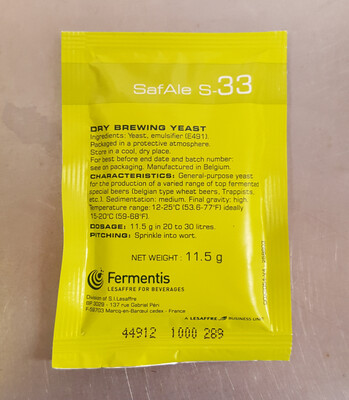 SafAle S-33 Belgian Ale Dry Yeast, 11.5g SafAle S-33 Belgian Ale Dry Yeast, 11.5g