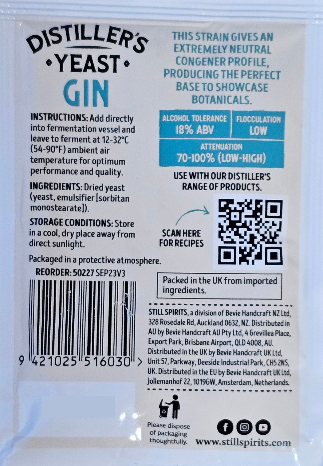 Still Spirits Gin Distiller's Yeast, 20g [BEST BEFORE 2026.07]