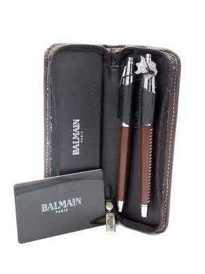 BALMAIN Penna Sfera Click e Penna Sfera con Astuccio in Pelle Marrone x1pz