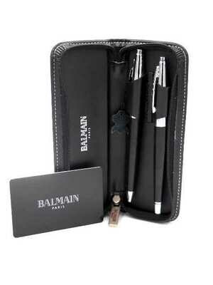 BALMAIN Penna a Sfera Click e Penna Sfera con Astuccio in Pelle Nero x1pz