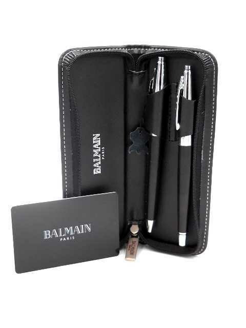 BALMAIN Penna a Sfera Click e Penna Sfera con Astuccio in Pelle Nero x1pz