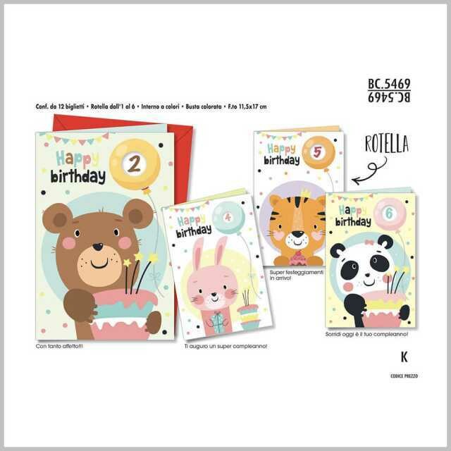 Biglietti Augurali con Rotella 1-9 Compleanno Bambini 4 Sogg. 12Unt
