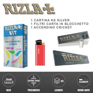 RIZLA KIT Cartina Lunga SILVER + Filtri Carta + Accendino x1pz
