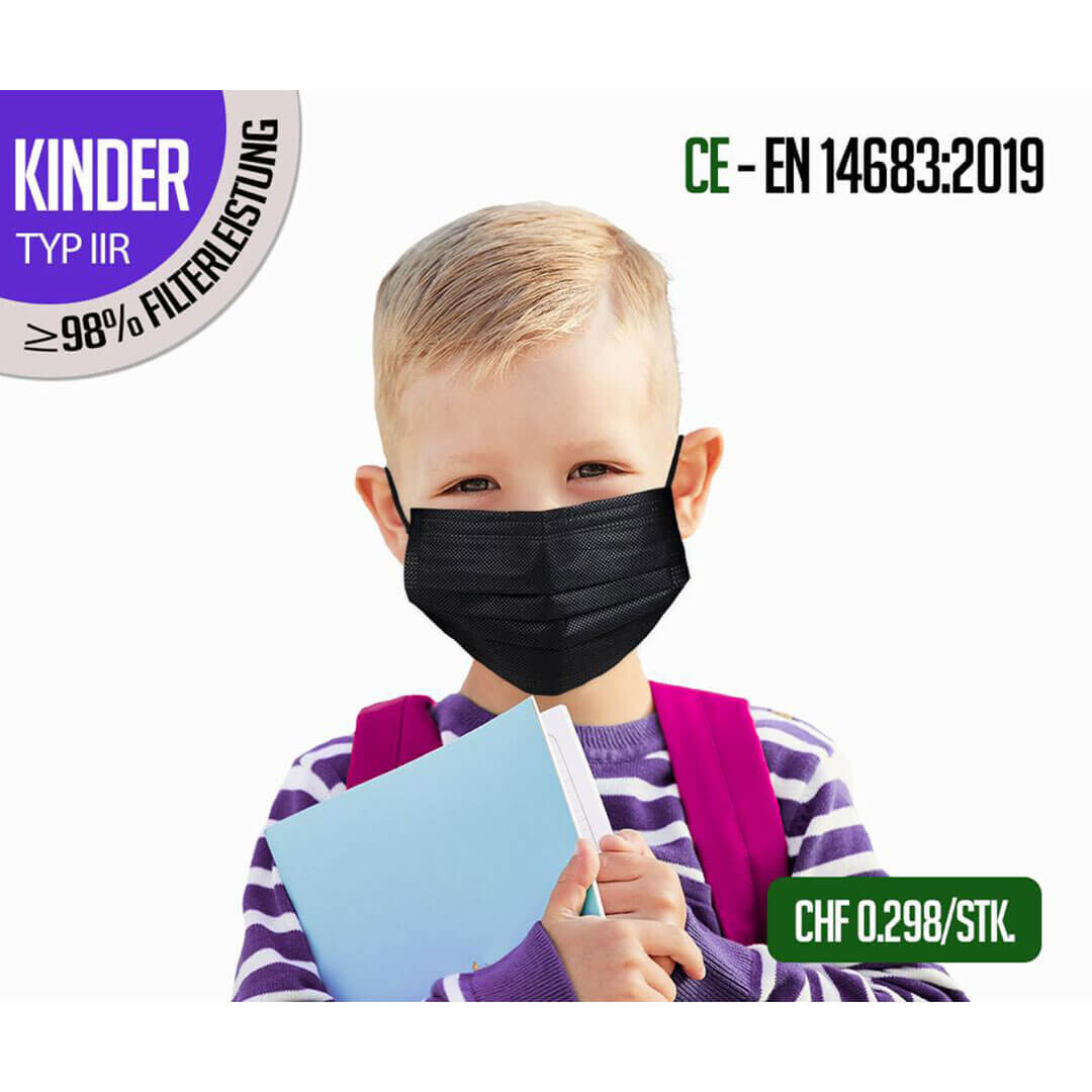 Kinder - TYP IIR Atemschutzmasken 50er Packung - Schwarz