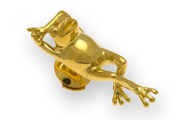 Pin rana Lazy Frog en oro amarillo 585 macizo, pieza única hecha a mano, diseño detallado con cierre seguro, joya exclusiva