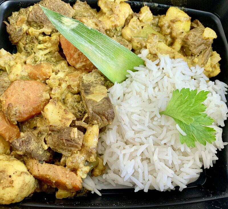 Curry créole de boeuf au gingembre frais et coco, riz basmati