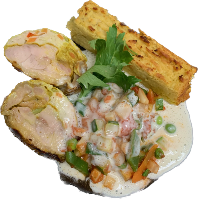 Ambroisies de pintade, timbale de légumes et sa sauce gewurtz