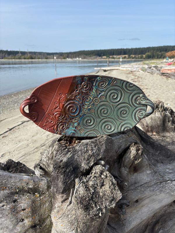 Serving Dish - Large Oblong, Oblong platter: nutmeg/floating blue glaze, swirls stamps