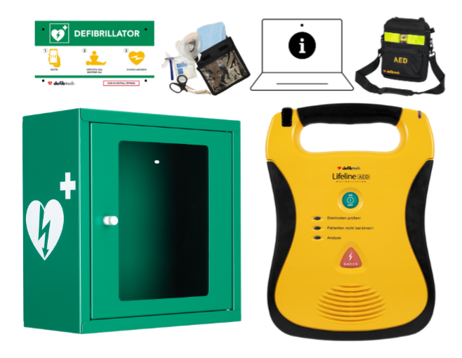 Kombipaket: Lifeline AED, Schutzschrank, Tasche, Notfalltafel und Safeset Kombipaket: Lifeline AED, Schutzschrank, Tasche, Notfalltafel und Safeset