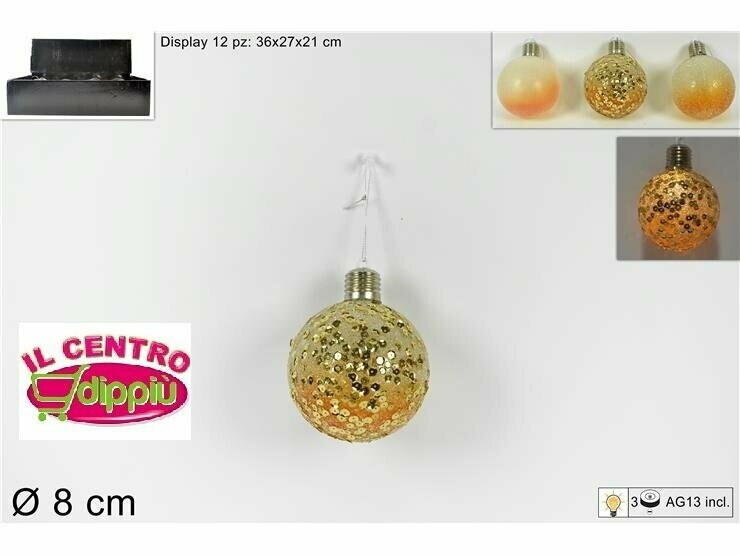 PALLA 8CM PLASTICA EFF.ZUCCHERO C/LUCE ORO ART.20T