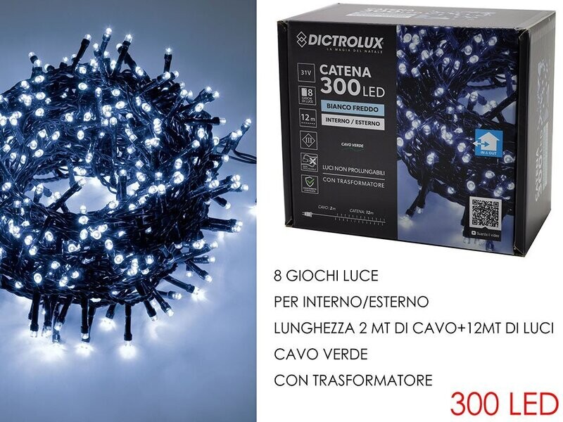 LUCI 300 LED BIANCO GHIACCIO PER ESTERNO PROGRAMMABILI