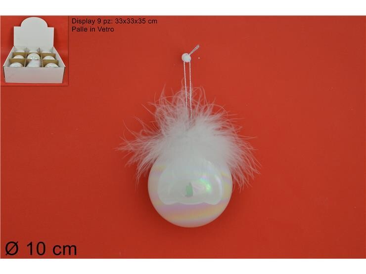 PALLA VETRO 10CM BIANCA PERLATA CON PIUME COD. YQS0016-3S