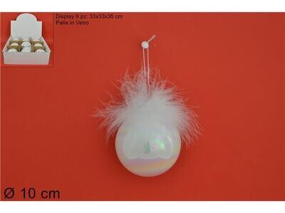 PALLA VETRO 10CM BIANCA PERLATA CON PIUME COD. YQS0016-3S