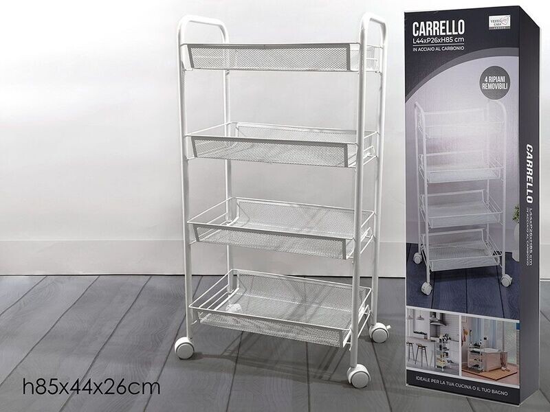 CARRELLO 4 RIPIANI CON RUOTE 44X26X85CM BIANCO