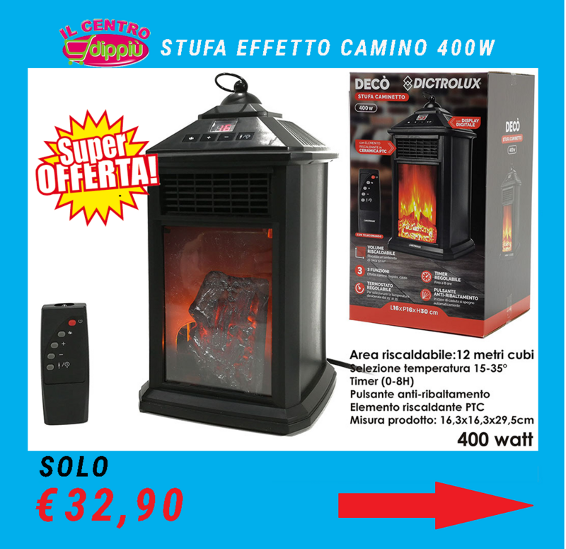 STUFA EFFETTO CAMINO 400W CON TELECOMANDO STUFA EFFETTO CAMINO 400W CON TELECOMANDO "DECO'"