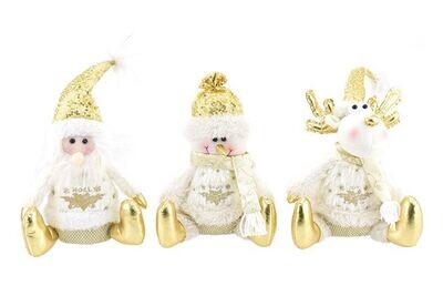 BABBO NATALE - RENNA - PUPAZZO DI NEVE SEDUTO  23CM PANNA/ORO