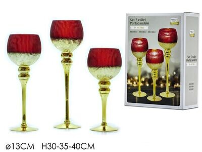 SET 3 PORTACANDELE ORO C/ROSSO H40/35/30CM