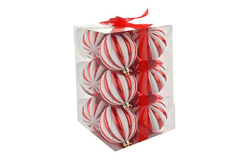 BOX 12 SFERE 8CM SPICCHI ROSSO/BIANCO