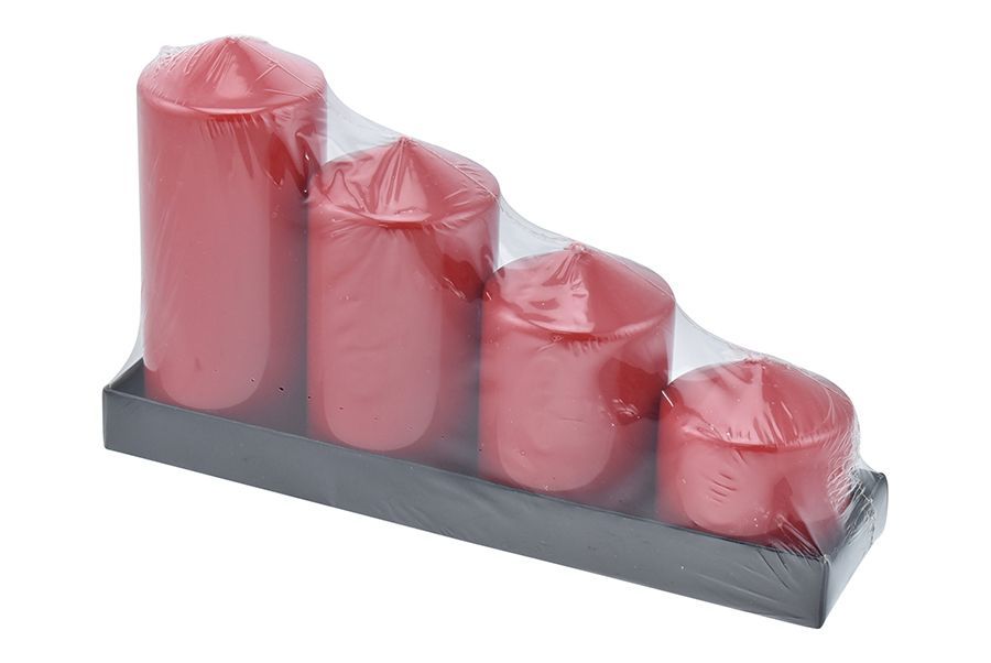 SET 4 CANDELE CILINDRO D.5X6/8/10/12CM ROSSO LACCATO - VARIE MIS.
