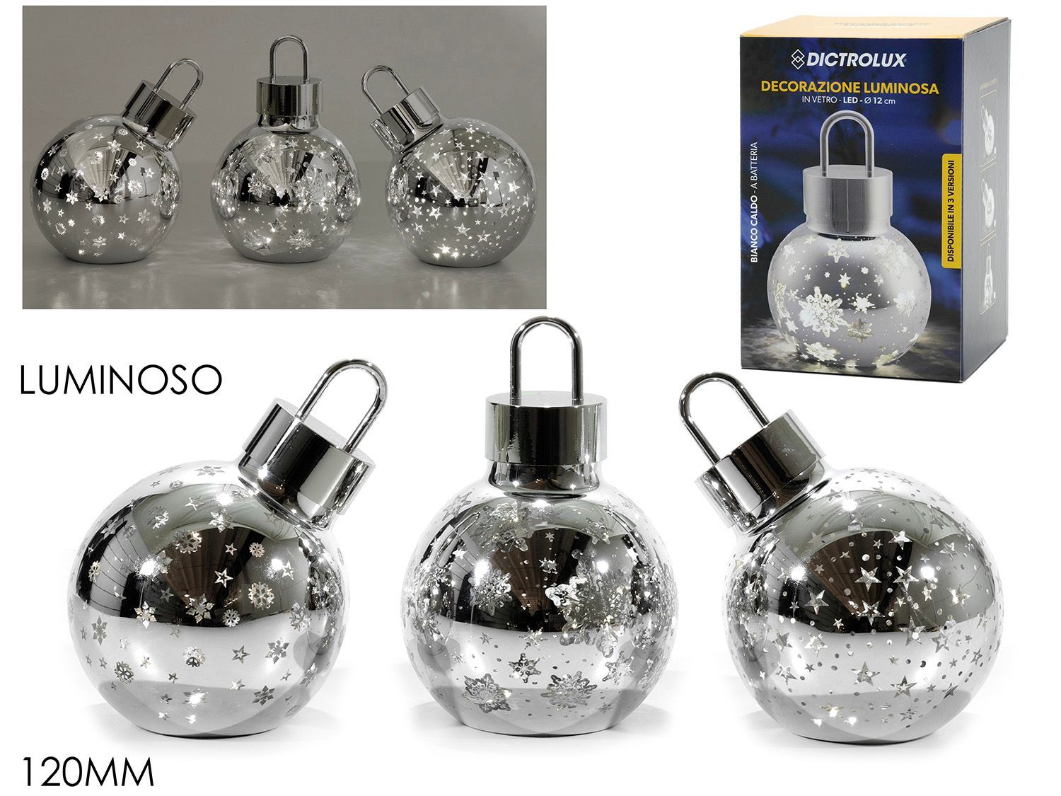 PALLA VETRO 120MM SILVER B/O LUCE 3ASS