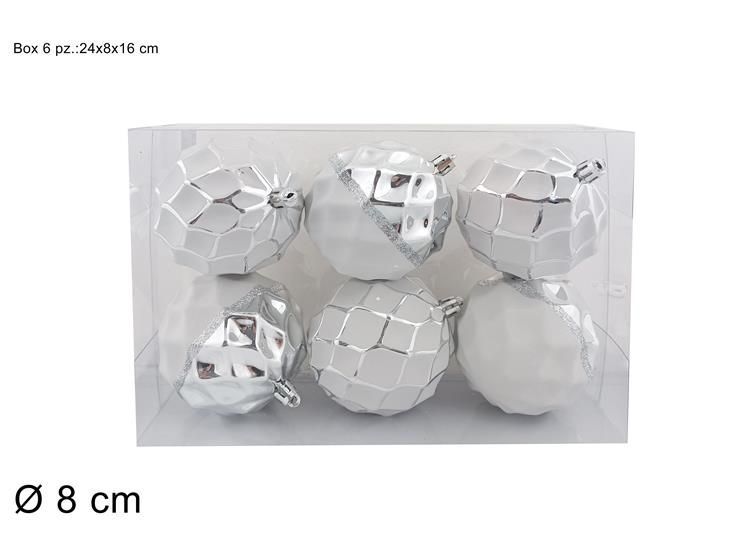 PALLE 8CM SET 6PZ SILVER LUCIDO CON DECORO TERRA B