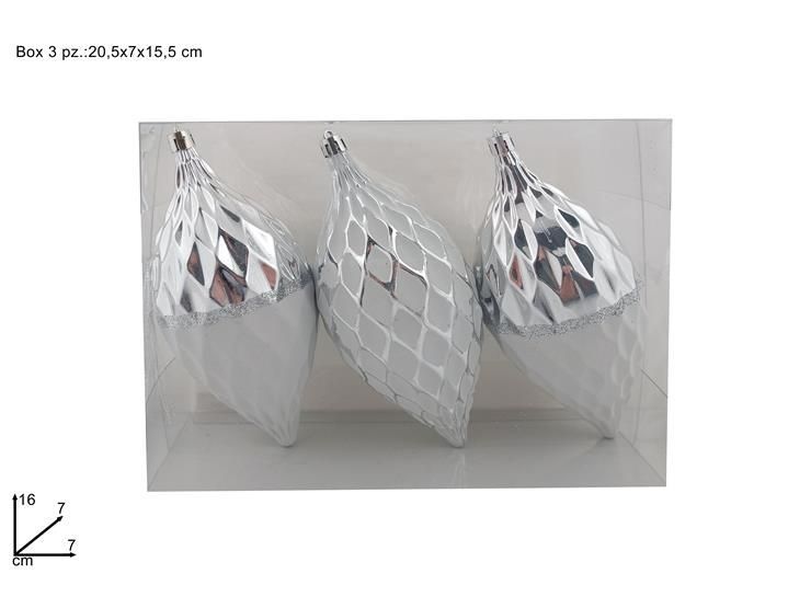 PALLE GOCCIA VETRO 16CM SET 3PZ SILVER LUCIDO CON DECORO