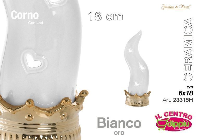 CORNO BIANCO/ORO C/LED PICCOLO 18 CM
