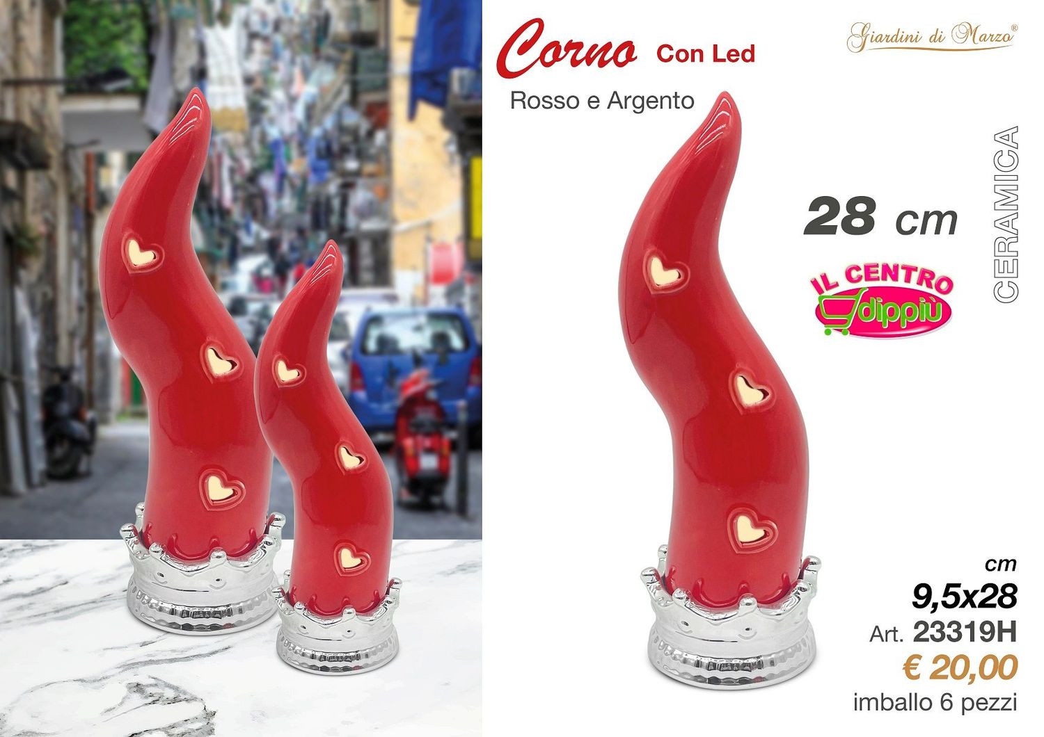 CORNO ROSSO/ARGENTO CON LED GRANDE 28 CM