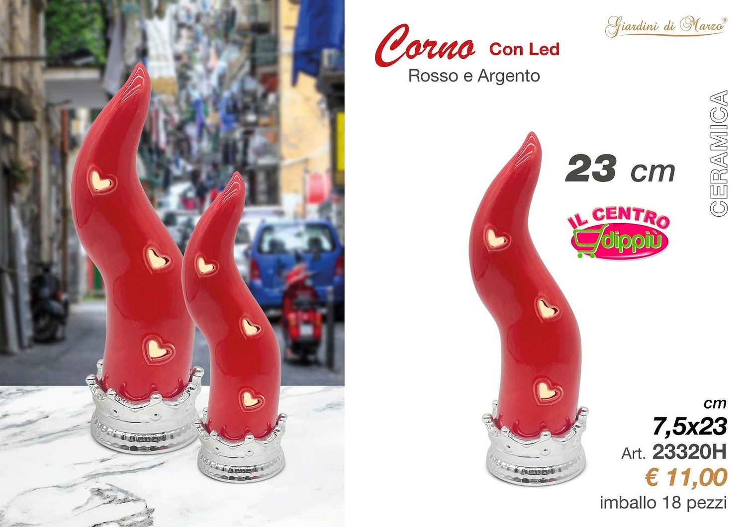 CORNO ROSSO/ARGENTO C/LED MEDIO 23 CM