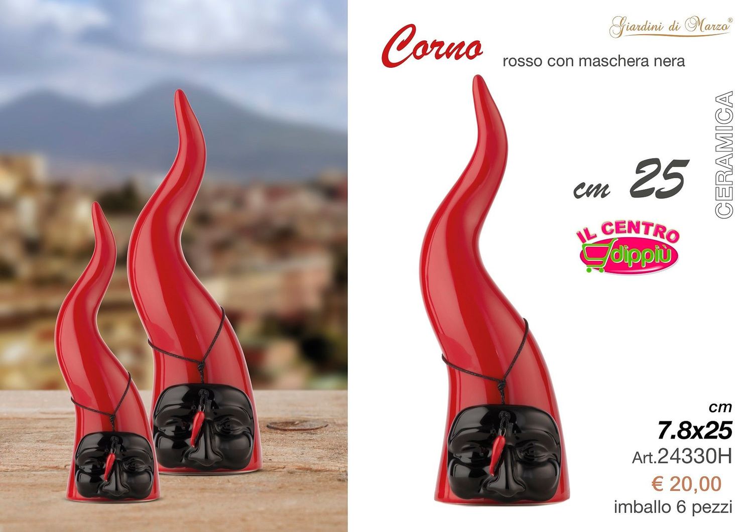 CORNO GRANDE ROSSO MASCHERA NERA 25 CM