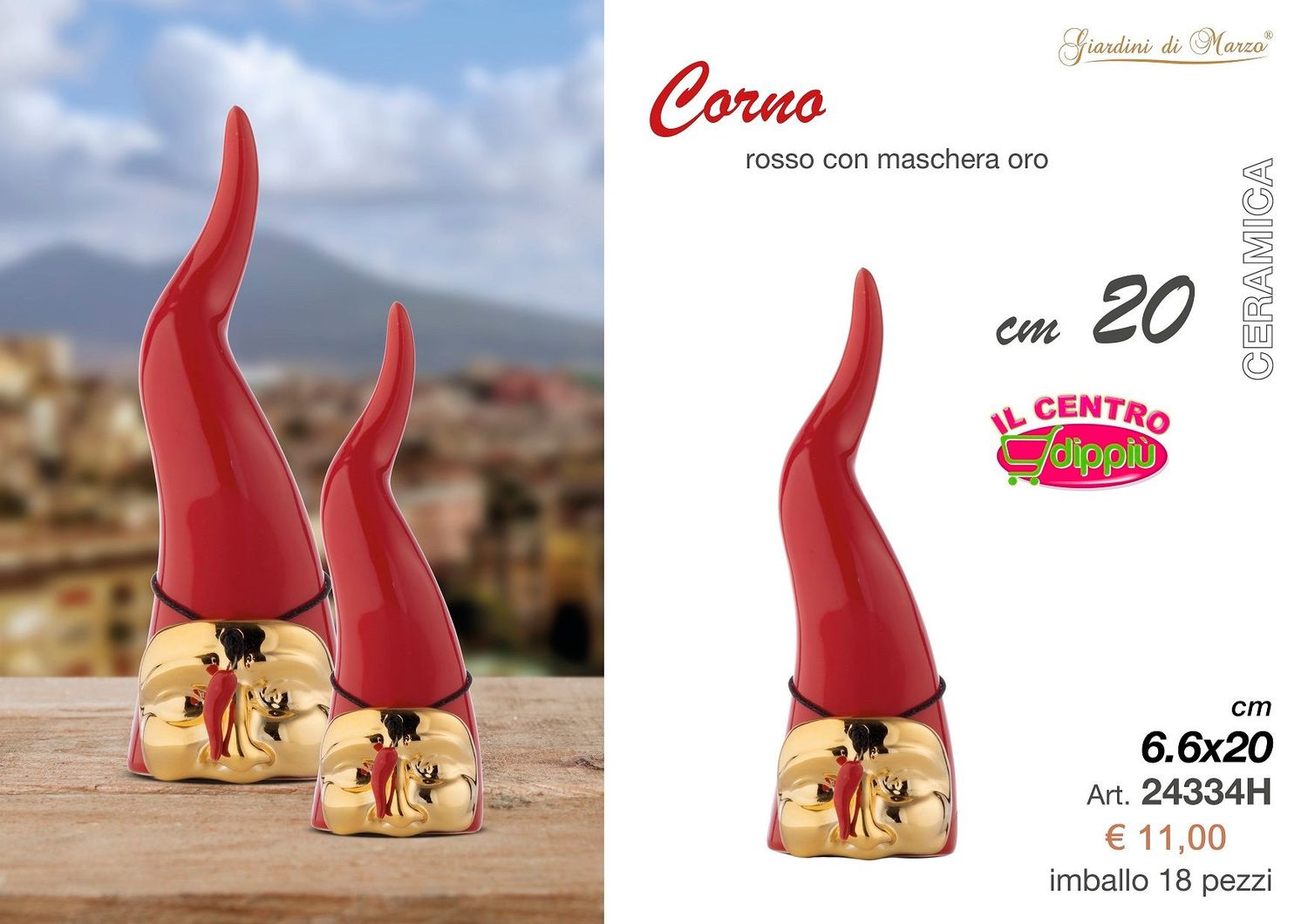 CORNO MEDIO ROSSO MASCHERA ORO 20 CM