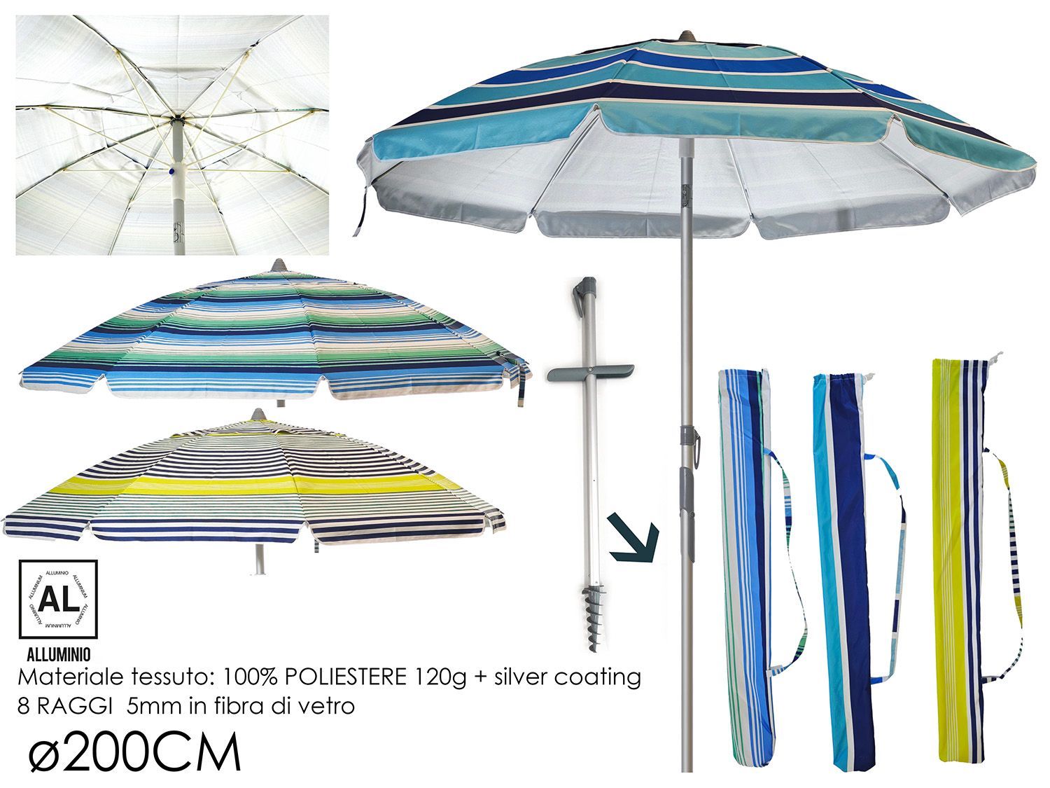 OMBRELLONE 200CM CON TRIVELLA 3ASS