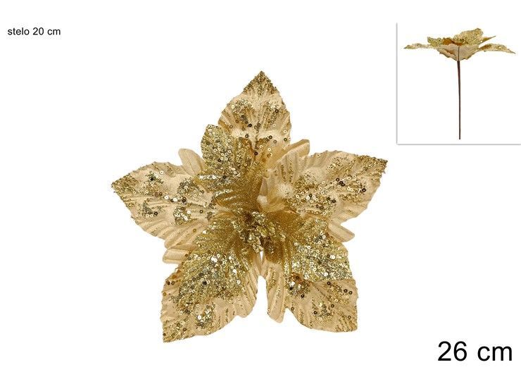 STELO FIORE DECORATIVO ORO VELLUTO CON PAILLETTES E GLITTER - 26 CM