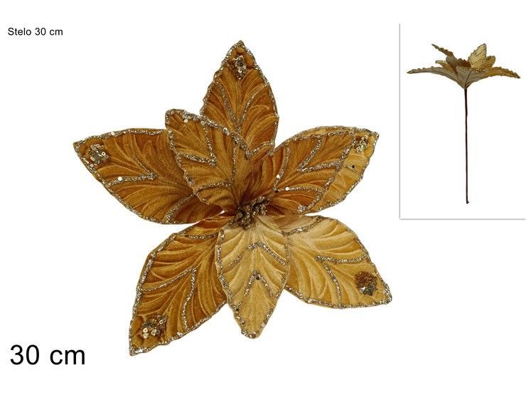 STELO FIORE DECORATIVO ORO VELLUTO CON PAILLETTES E GLITTER - 30 CM