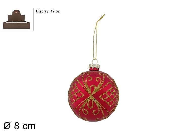 PALLA IN VETRO ROSSA DECORATA CON GLITTER ORO - 8 CM
