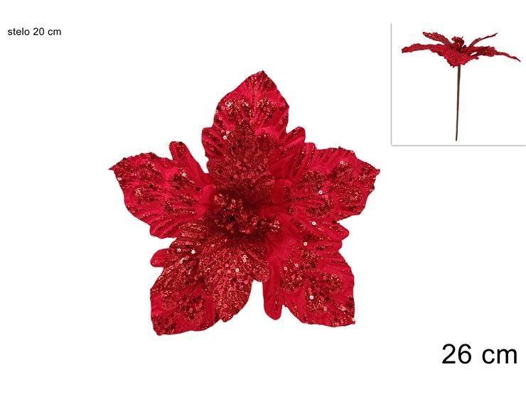 STELO CON FIORE ROSSO IN VELLUTO CON PAILLETTES E GLITTER - 26 CM
