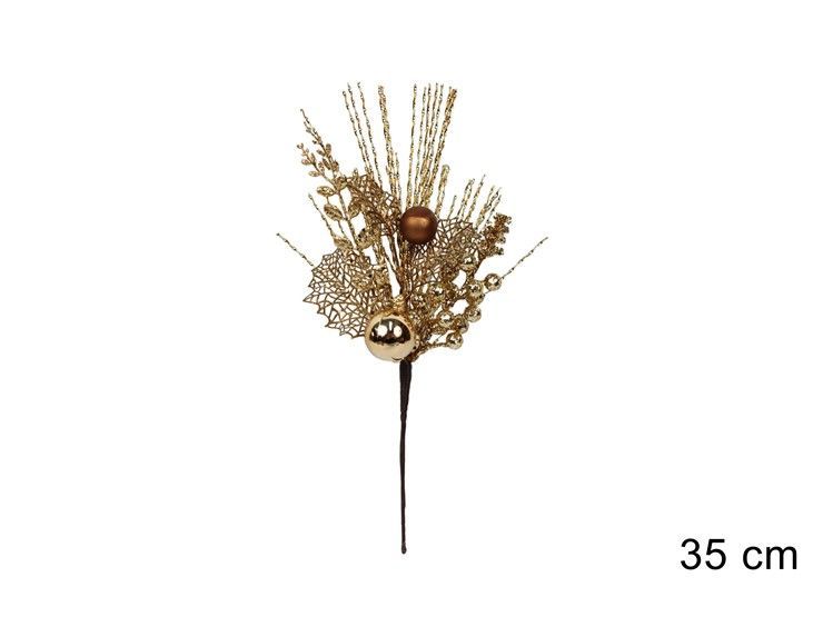 SPILLONE DECORATIVO CON FOGLIE E PALLINE ORO - 35CM