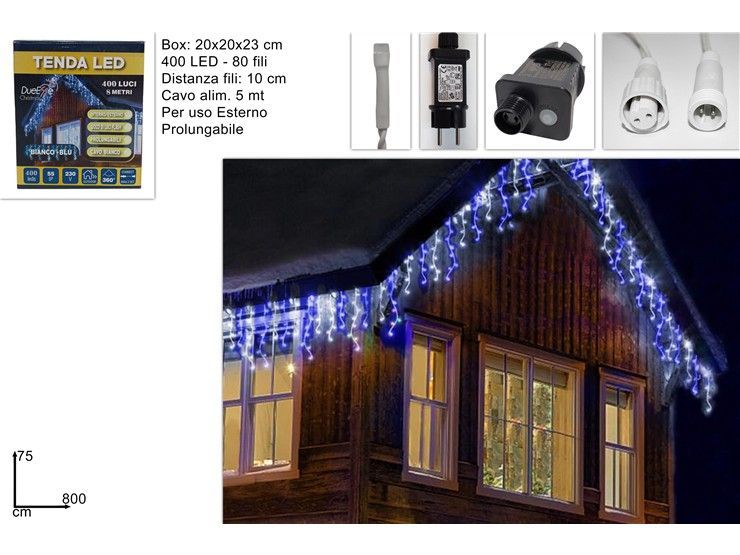 TENDA LUMINOSA 400 LED CON GIOCO LUCI - 8 MT PROLUNGABILE (BIANCO/BLU)