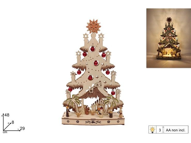 SCENARIO ALBERO CON NATIVITÀ IN LEGNO E LUCI