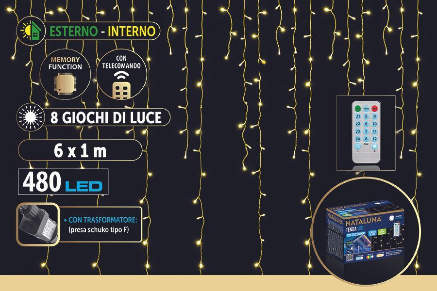 TENDA 480LED 6X1MT 8FUNZIONI TELECOMANDO LUCE CALDA TENDA 480LED 6X1MT 8FUNZIONI TELECOMANDO LUCE CALDA