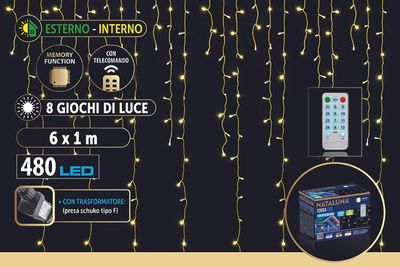 TENDA 480LED 6X1MT 8FUNZIONI TELECOMANDO LUCE CALDA TENDA 480LED 6X1MT 8FUNZIONI TELECOMANDO LUCE CALDA