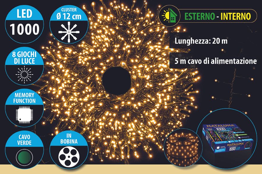 CLUSTER 1000 LED A GRAPPOLO 20MT 8FUNZIONI USO ESTERNO BIANCO CALDO