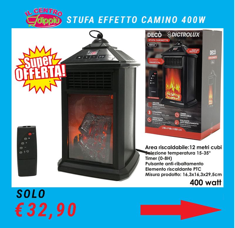 STUFA EFFETTO CAMINO 400W CON TELECOMANDO "DECO'"